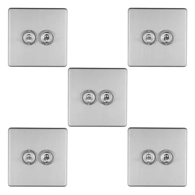 5 PACK Gang Double Retro Toggle Light Switch SCREWLESS SATIN STEEL 10A Way