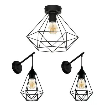 Low Ceiling Light & 2x Matching Wall Lights Black Geometric Wire Cage Shade