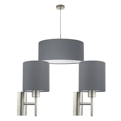 Ceiling Pendant Light & 2x Matching Wall Lights Satin Nickel Grey Fabric Shade