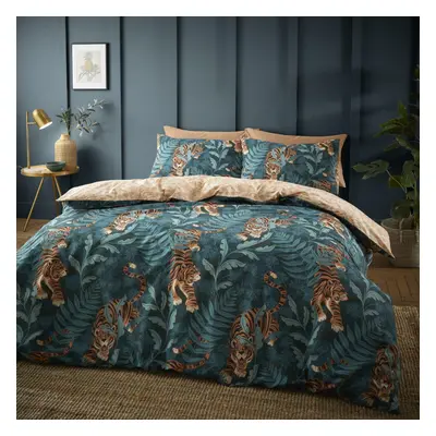 (King, Green) Catherine Lansfield Tropic Tiger Leaf Reversible Duvet Cover Set Jungle Animal The