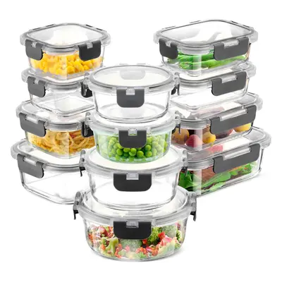 (Grey) Airtight Glass Storage Containers with Hinged Locking Lid BPA Free for Meal Prep/Moving/F