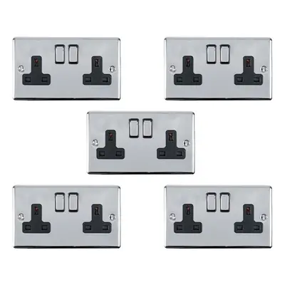 5 PACK Gang Double UK Plug Socket POLISHED CHROME 13A Switched Black Trim