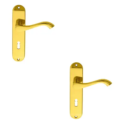 2x PAIR Curved Handle on Chamfered Lock Backplate x 40mm Polished Brass