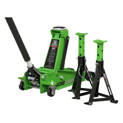 Twin Piston Hydraulic Trolley Jack & Axle Stand Kit - Safety Overload - Green