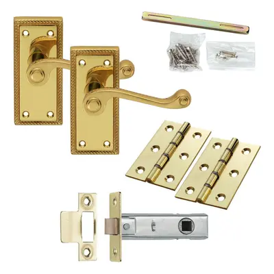 Door Handle & Latch Pack Brass Short Victorian Scroll Lever Turn Backplate