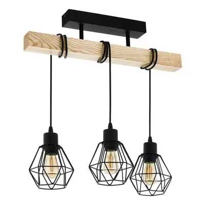 Semi Flush Ceiling Light Black Steel Wiire Shade & Wood x 60W E27 Bulb