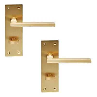 2x PAIR Straight Bar Handle on Slim Bathroom Backplate x 50mm Satin Brass