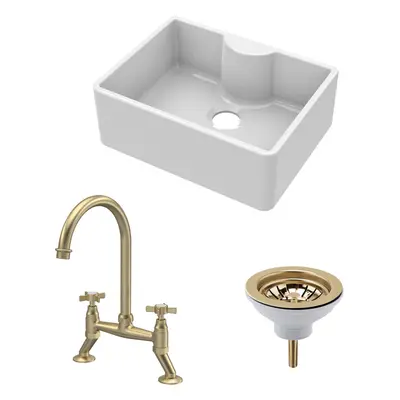 Fireclay Kitchen Bundle - Single Bowl Butler Sink with Tap Ledge, Waste & Bridge Tap, 595mm - Br