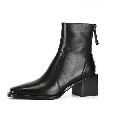 (black, 42) Krazing Pot Cow Leather Spring Winter Shoes Thick High Heels Chelsea Boots Women Zip