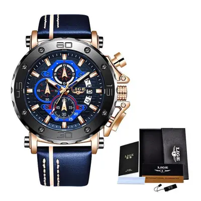 (Gold Blue) LIGE New Mens Watches Top Brand Luxury Big Dial Military Quartz Watch Leather Waterp