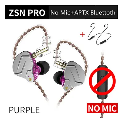 (PurpleNoMicBluetooth) KZ ZSN Pro 1BA+1DD Hybrid technology HIFI Bass Earbuds Metal In Ear Earph