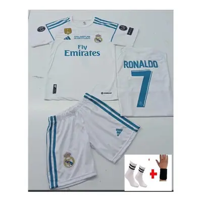 (white, YaÅ) Real Madrid White Cristiano Ronaldo Home Kids Jersey Set Wristband Socks Gift