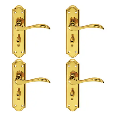 4x PAIR Curved Door Handle Lever on Bathroom Backplate x 45mm Polished Brass