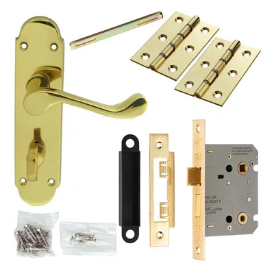 Door Handle & Bathroom Lock Pack Brass Victorian Upturn Thumb Turn Backplate