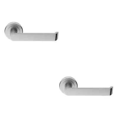 2x PAIR Flat Faced Lever on Round Rose Chamfered Edge Concealed Fix Satin Chrome