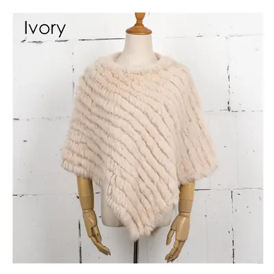 (Ivory, One Size) Women Knit Rabbit Fur Shawl Poncho Cape Robe Tippet Wrap Female Girl Warm Coat