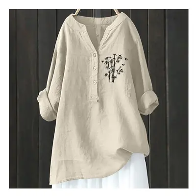 (HCY19, S) Women's Autumn Winter New Fashion Printed Button Up Shirt Long Sleeved Bamboo Linen C