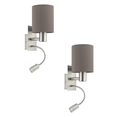 2 PACK Wall Light Satin Nickel Shade Anthracite Brown Fabric E27 40W LED 3.5W