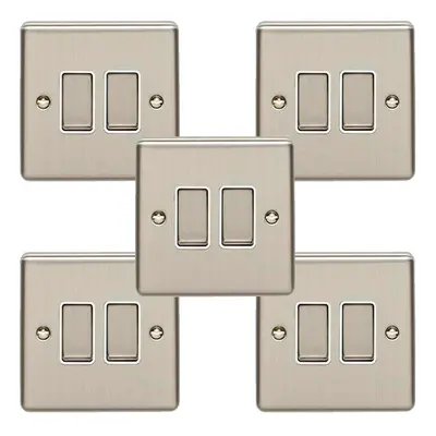 5 PACK Gang Double Metal Light Switch SATIN STEEL Way 10A White Trim