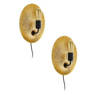 2 PACK Wall Light Colour Gold BlackFan Shaped Back Plate Plug In Bulb E27 1x60W