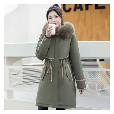 (army green, L) Plus Size M-6xl Winter Women&apos;s Cold Coat Hooded With Faux Fur Collar Liner 