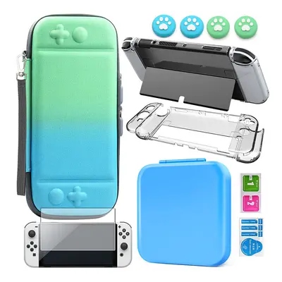 (Blue Green kit) Switch OLED Accessories Set Storage Bag 9H Tempered Glass Protective Film Game 