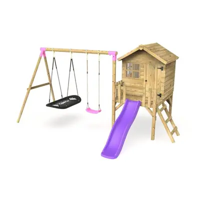 (Purple) Rebo Orchard 4ft x 4ft Wooden Playhouse with Standard Swing, Boat Swing, 900mm Deck and