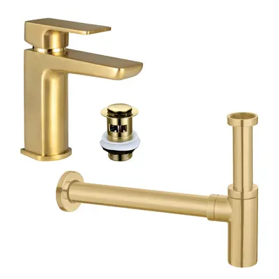 Curve Brushed Brass Basin Tap & Minimalist Round Bottle Trap