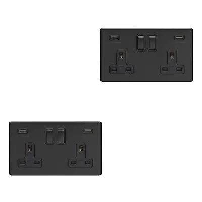 2 PACK Gang Double 13A UK Plug Socket & 2.1A USB-A SCREWLESS MATT BLACK