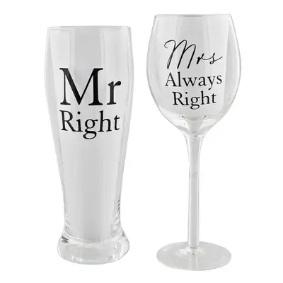 Amore Wine And Pint Glass Set Mr. Right, Mrs. Always Right