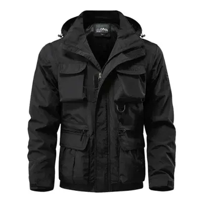 (black, XXL) Windproof Hooded Jacket Men&apos;s Casual Waterproof Multi Bag Cargo Jacket Vest Su