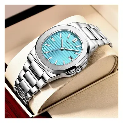 (silver,baby blue) Lige New Men Watch Fashion Casual Square Stainless Steel Quartz Watch Sport W