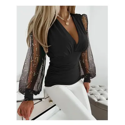 (black, S) Sexy V Neck Lace Tight Fitting Shirt Blouse Office Loady Spring Fashion Elegant Solid