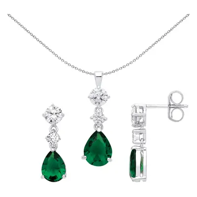 Jewelco London Silver CZ & Emerald Fancy Tear Drop Earring & Pendant Set - GSET630EM