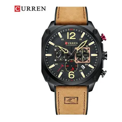 (yellow) Curren Men&apos;s Top Brand Fashion Watch Casual Sports Leather Chronograph Quartz Wrsi