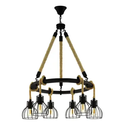 Hanging Ceiling Pendant Light Black & Rope 6x E27 Hallway Feature Chandelier