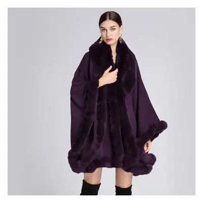 (purple, One size) Elegant V Lapel Faux Rex Rabbit Fur Coat Cape Winter Women Big Long Shawl Ful