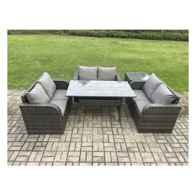 Fimous Wicker PE Rattan Sofa Outdoor Garden Furniture Set with Rectangular Dining Table Side Tab