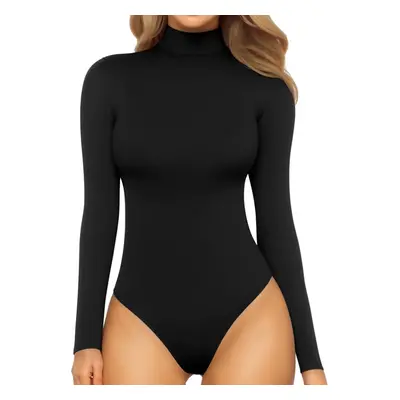 MANGOPOP Women's Mock Turtle Neck Long Sleeve Tops Bodysuit Jumpsuit (A Long Sleeve Black, Mediu