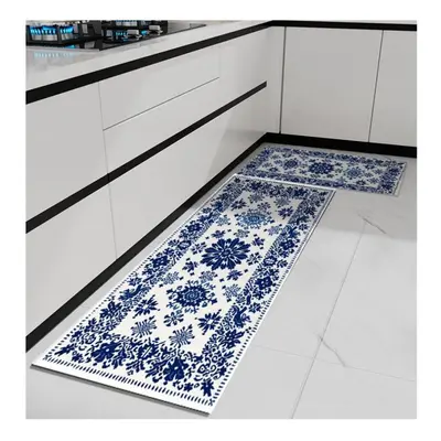 (160*200cm) Blue Vintage Flowers Soft Kitchen Rug Anti-fatigue Kitchen Rug Waterproof Non-slip R