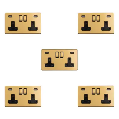 5 PACK Gang Double 13A UK Plug Socket & 2.1A USB-A SCREWLESS SATIN BRASS