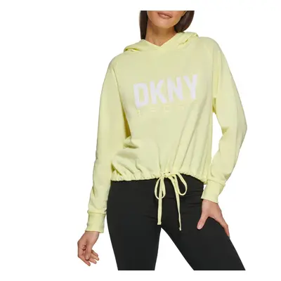 DKNY Womens Hoodie Drawcord Terrycloth Logo Top Lemon Tart