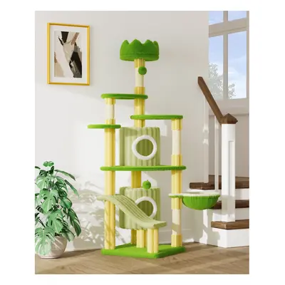 (Green) 7-Layer Indoor Castle Cat Tree 162cm Velvet Fabric Equipped with Cat Scratching Posts