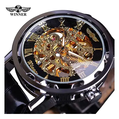 (black,gold) T-winner Men Relogios Skeleton Watches Brand Luxury Leather Strip Wrist Watch Men M