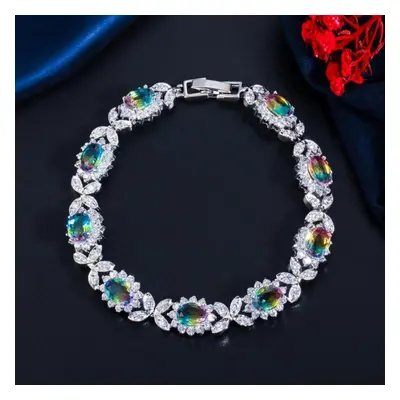 (purple,yellow) Wwj Rainbow Mystical Cubic Zirconia Leaf Design Tennis Bracelet For Women