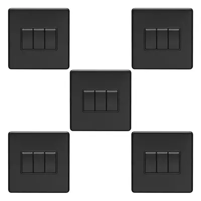 5 PACK Gang Triple Light Switch SCREWLESS MATT BLACK Way 10A Slim Rocker