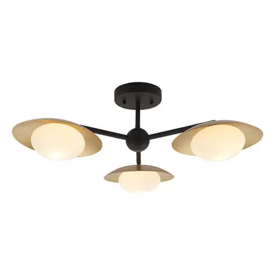 Gold & Bronze Semi Flush Bulb Ceiling Light - Pebble Shaped Opal Glass Shades