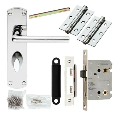 Door Handle & Bathroom Lock Pack Chrome Slim Straight Arm Thumb Turn Backplate