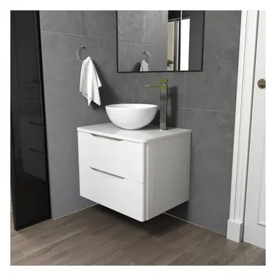 Merton White 600mm Bathroom Wall Hung Vanity with Round Ceramic Countertop Basin