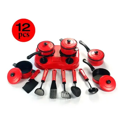 (Red) 12Pcs Kitchen Cooking Play Set Cookware Utensils Pan Pots Kids Pretend Cook Toy